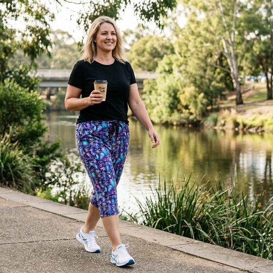 A woman walking outdoors by a river wearing a black t-shirt and colorful purple, blue, and pink patterned capri leggings, holding a coffee cup.