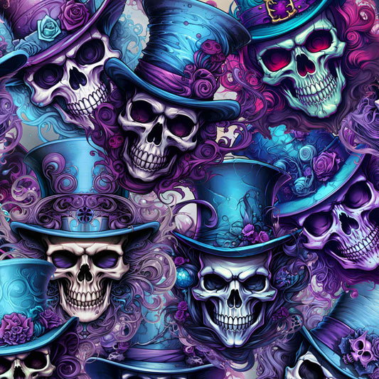 Colorful illustration of skulls wearing top hats with intricate designs.