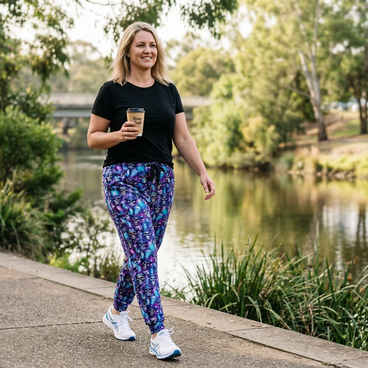 A woman walking outdoors by a river wearing colorful skull patterned leggings, a black t-shirt, and white sneakers, holding a coffee cup.