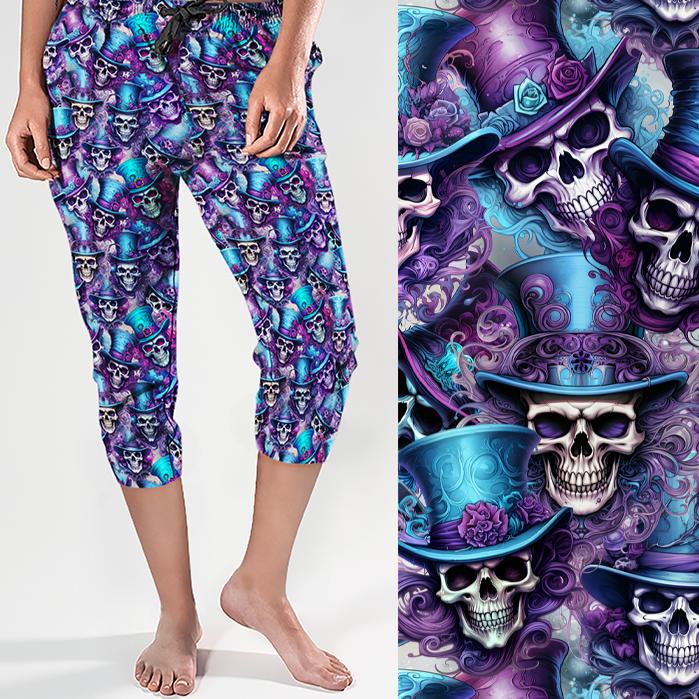 jogger pants womens with blue and purple skulls in top hats