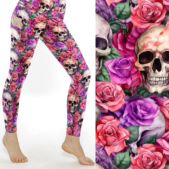skull leggings with pink and purple roses