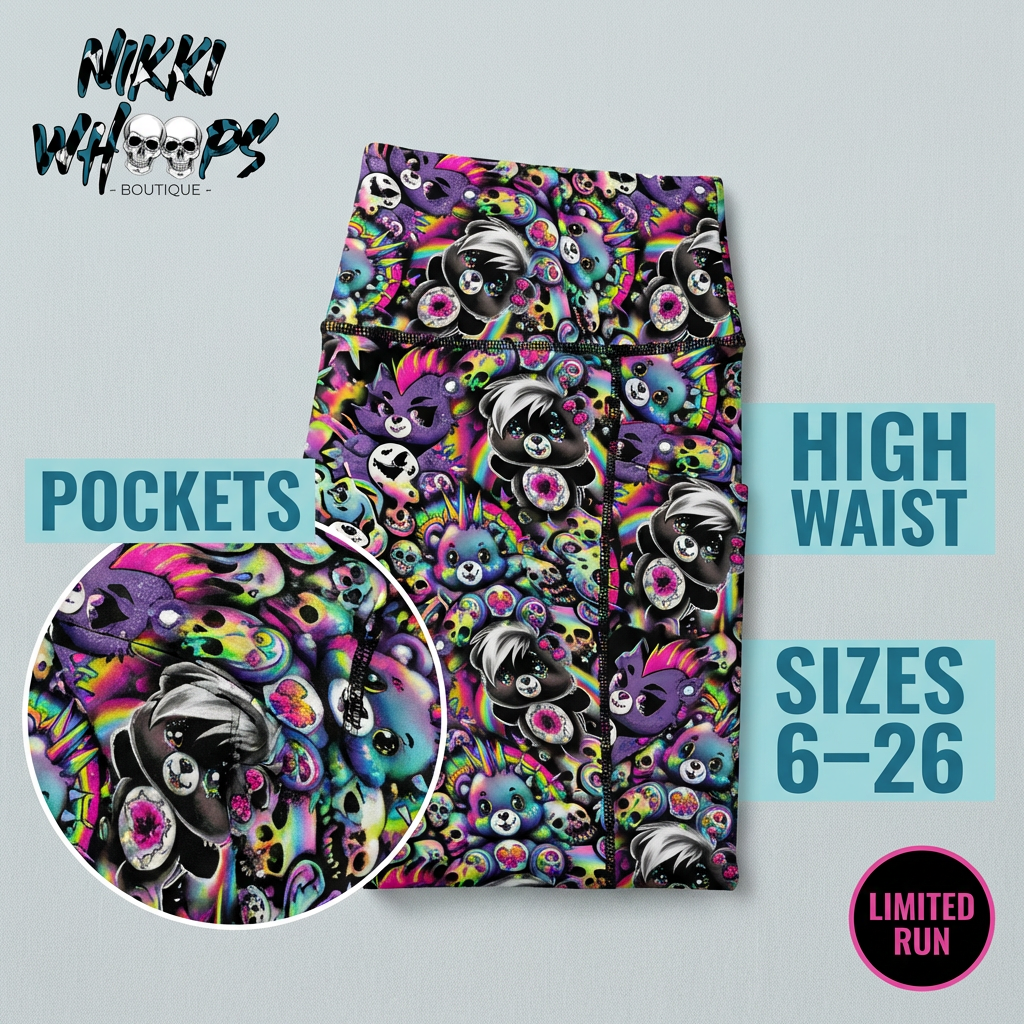 Colourful Don’t Care Bears sport shorts featuring pastel bears, rainbow skulls, spikes, hearts, and punk-inspired graphics on a black background