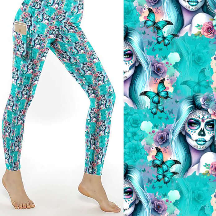 mock up of Ethereal Elegance Day of the Dead Full-Length Leggings featuring sugar skull women with flowing blue hair, surrounded by butterflies and roses on an aqua background.