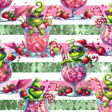 Colorful design with a green character, pink drink, and candy-themed elements on a striped background.