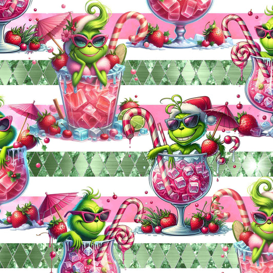 Colorful design with a green character, pink drink, and candy-themed elements on a striped background.