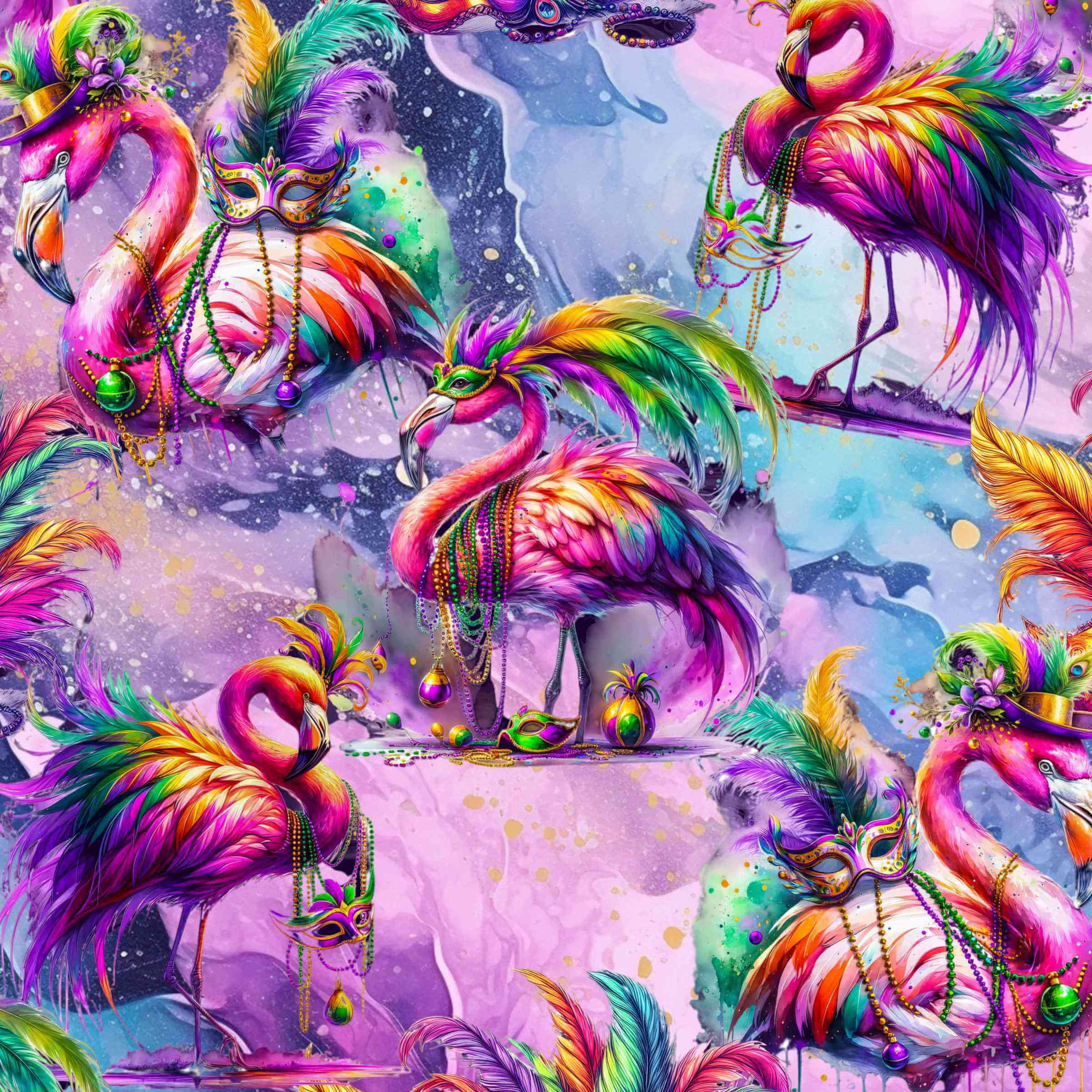 pattern of vibrant pink flamingos dressed in colourful Mardi Gras-style feathers and accessories. The background is a swirling galaxy of purples, pinks and blues with stars and glittery textures.