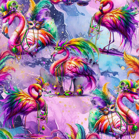 pattern of vibrant pink flamingos dressed in colourful Mardi Gras-style feathers and accessories. The background is a swirling galaxy of purples, pinks and blues with stars and glittery textures.