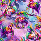 pattern of vibrant pink flamingos dressed in colourful Mardi Gras-style feathers and accessories. The background is a swirling galaxy of purples, pinks and blues with stars and glittery textures.