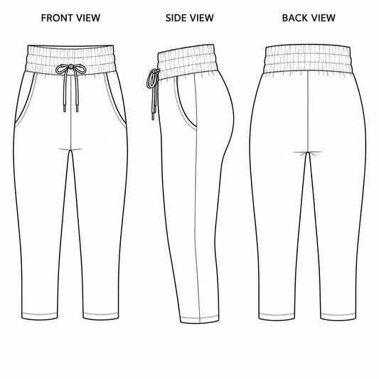 Technical drawing of a pair of pants showing front, side, and back views.