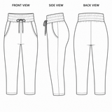 Technical drawing of a pair of pants showing front, side, and back views.