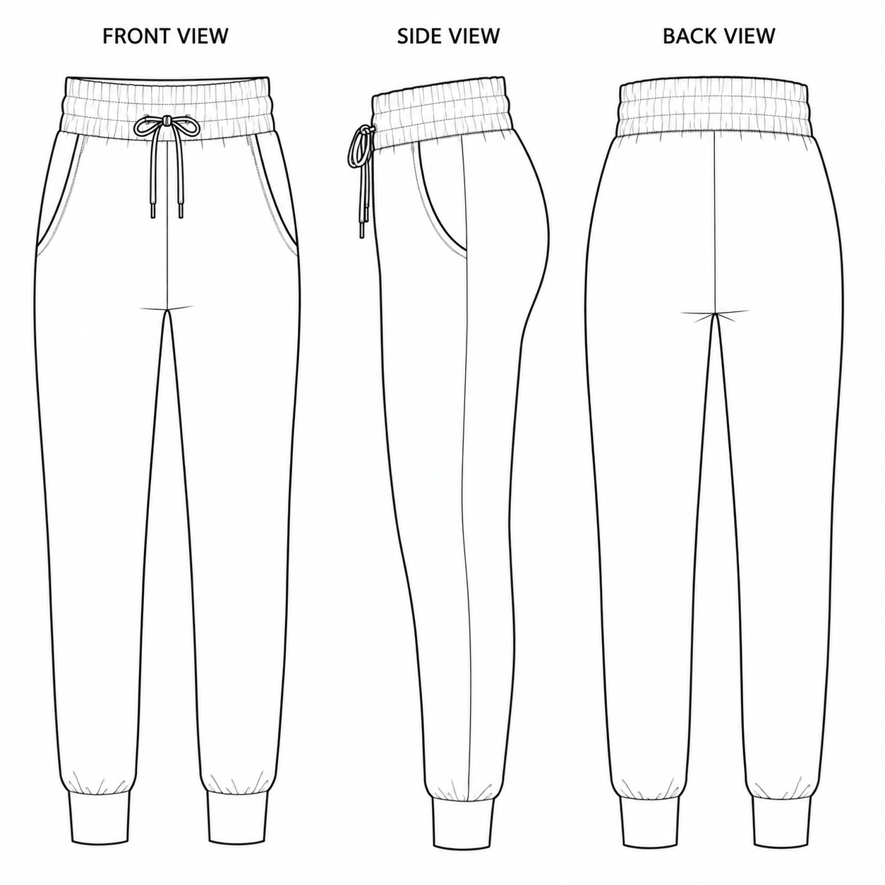 Technical drawing of full length jogger pants showing front, side, and back views by Nikki Whoops Boutique.