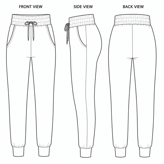Technical drawing of full length jogger pants showing front, side, and back views by Nikki Whoops Boutique.