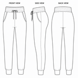 Technical drawing of full length jogger pants showing front, side, and back views by Nikki Whoops Boutique.