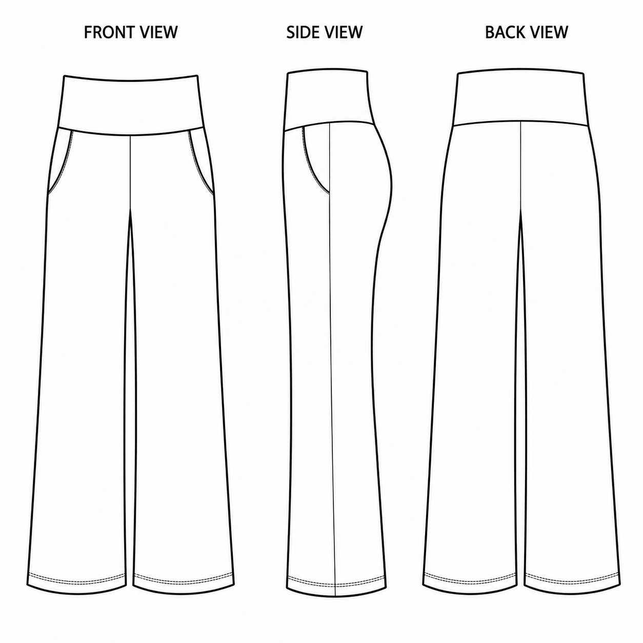 Line drawings of lounge pants from front, side, and back views by Nikki Whoops Boutique.