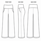 Line drawings of lounge pants from front, side, and back views by Nikki Whoops Boutique.