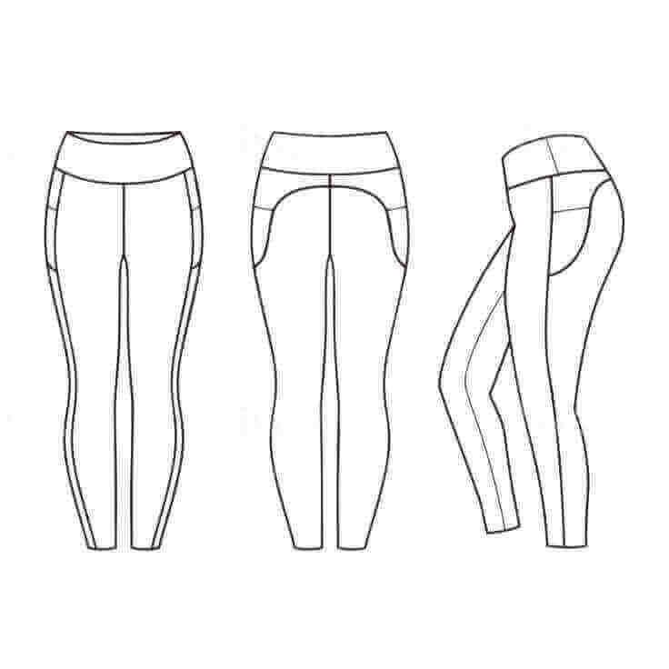 three view flat lay drawing of full length leggings with high waistband, and side pocket by Nikki Whoops Boutique.