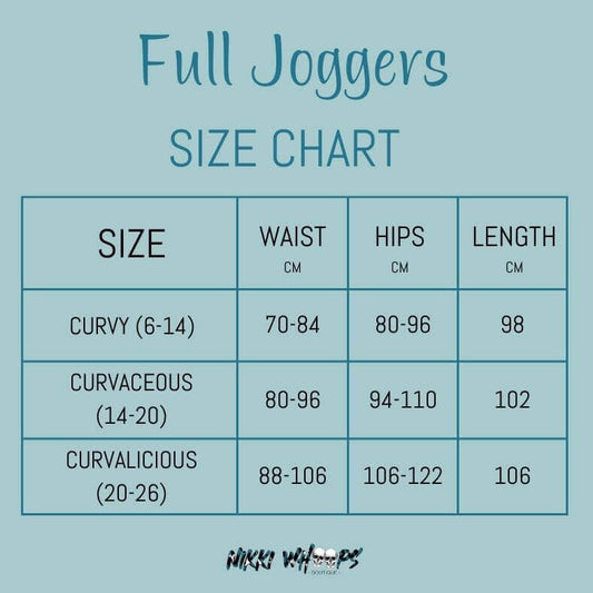 Size chart for full jogger by Nikki Whoops Boutique