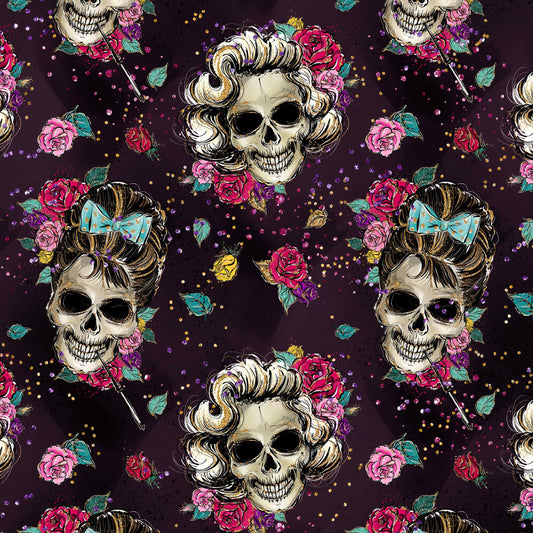 Pattern of Audrey Hepburn Marilyn Monroe skulls with vintage hairstyles, roses, and leaves on a dark background with colorful accents. 