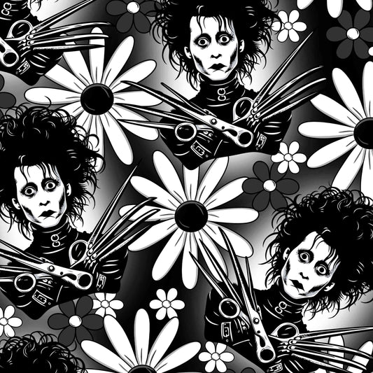 seamless pattern of Black and white leggings with Edward Scissorhands faces surrounded by white daisies on a monochrome floral background by Nikki Whoops Boutique.