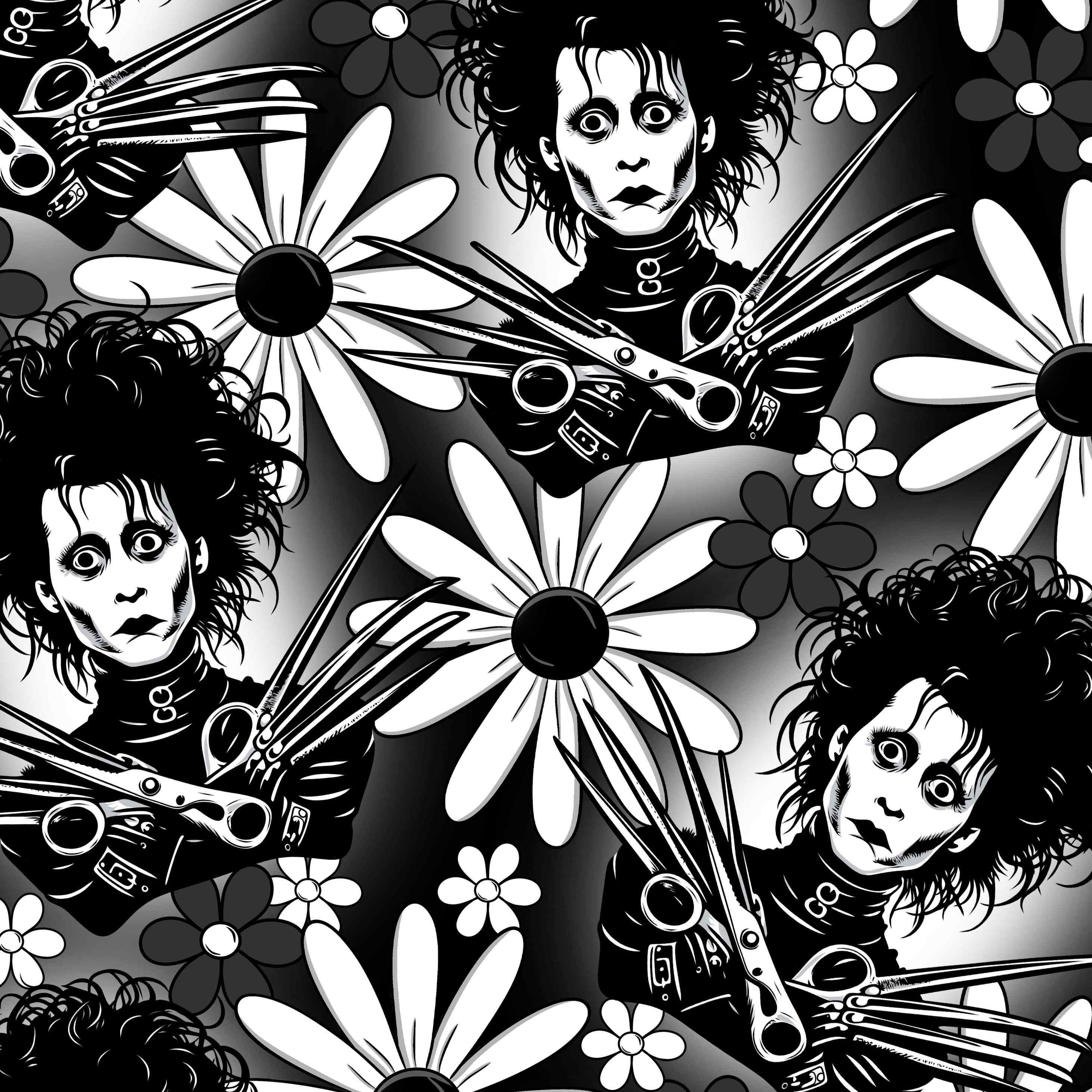 seamless pattern of Black and white leggings with Edward Scissorhands faces surrounded by white daisies on a monochrome floral background.