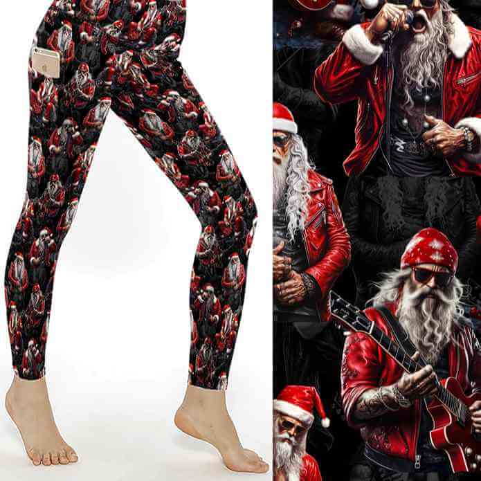 Black leggings featuring tattooed rock-star Santa in red leather jacket with guitars and microphones under moody stage lights by Nikki Whoops Boutique.