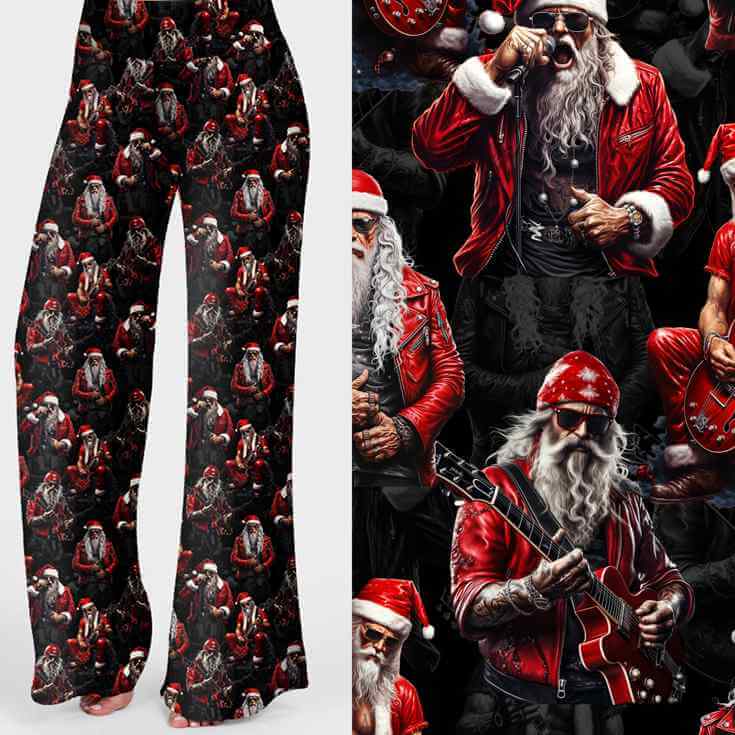 Wide leg Christmas lounge pants featuring a tattooed Santa in a red leather jacket playing guitar under stage lights on a black background by Nikki Whoops Boutique.