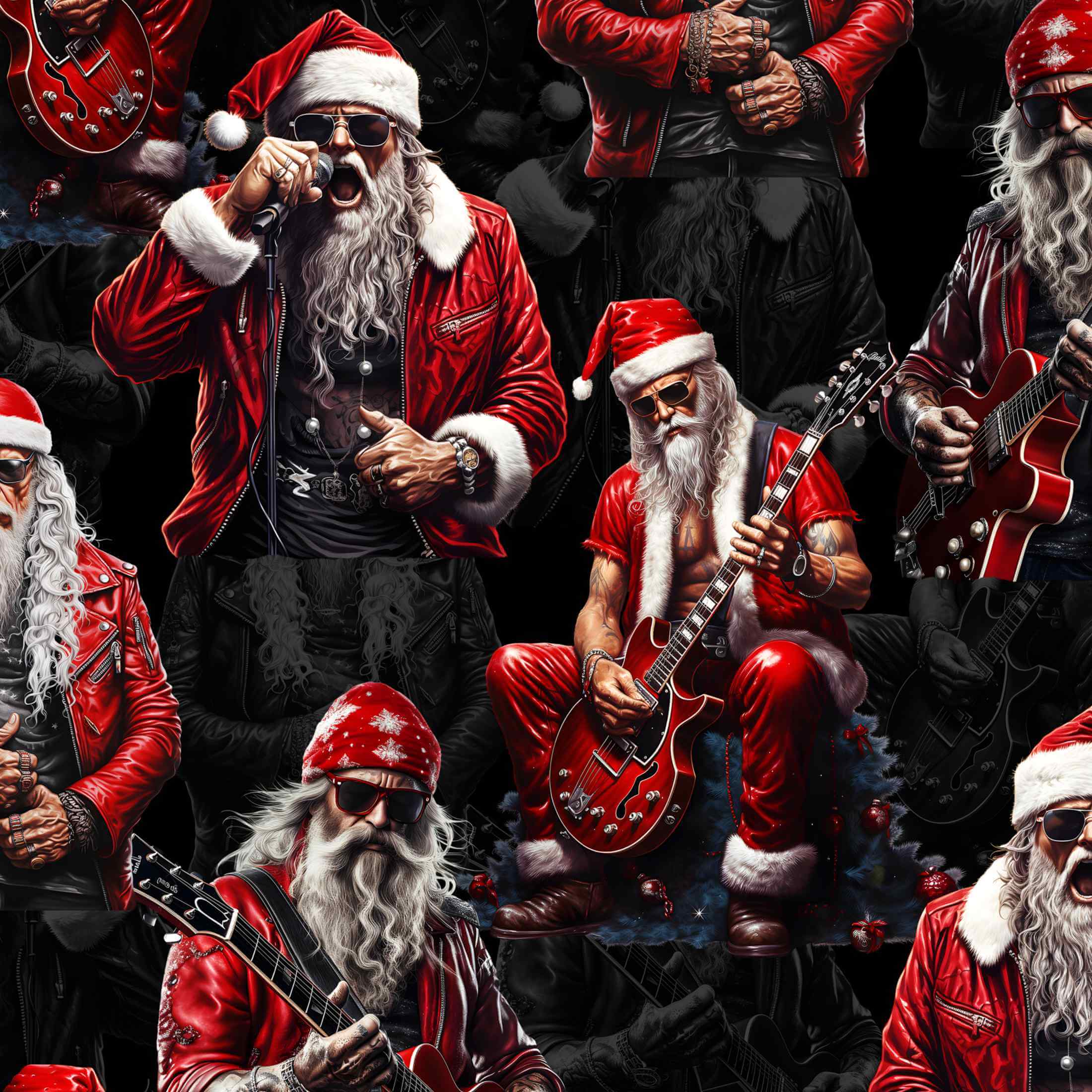 Multiple images of a rock musician dressed as Santa Claus playing guitar.