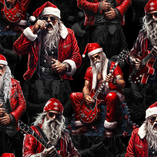 Multiple images of a rock musician dressed as Santa Claus playing guitar.