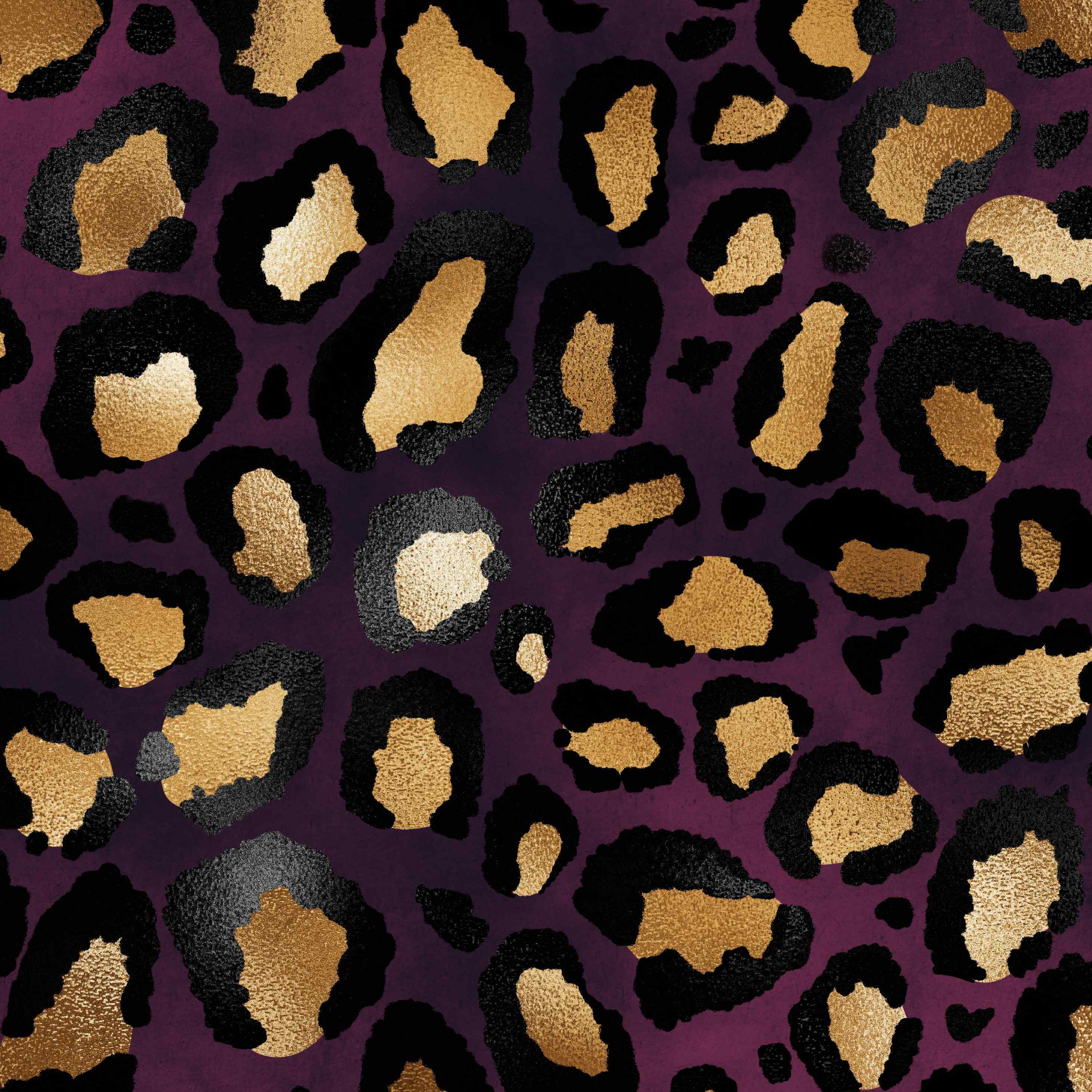 Leopard print pattern with gold and black spots on a purple background