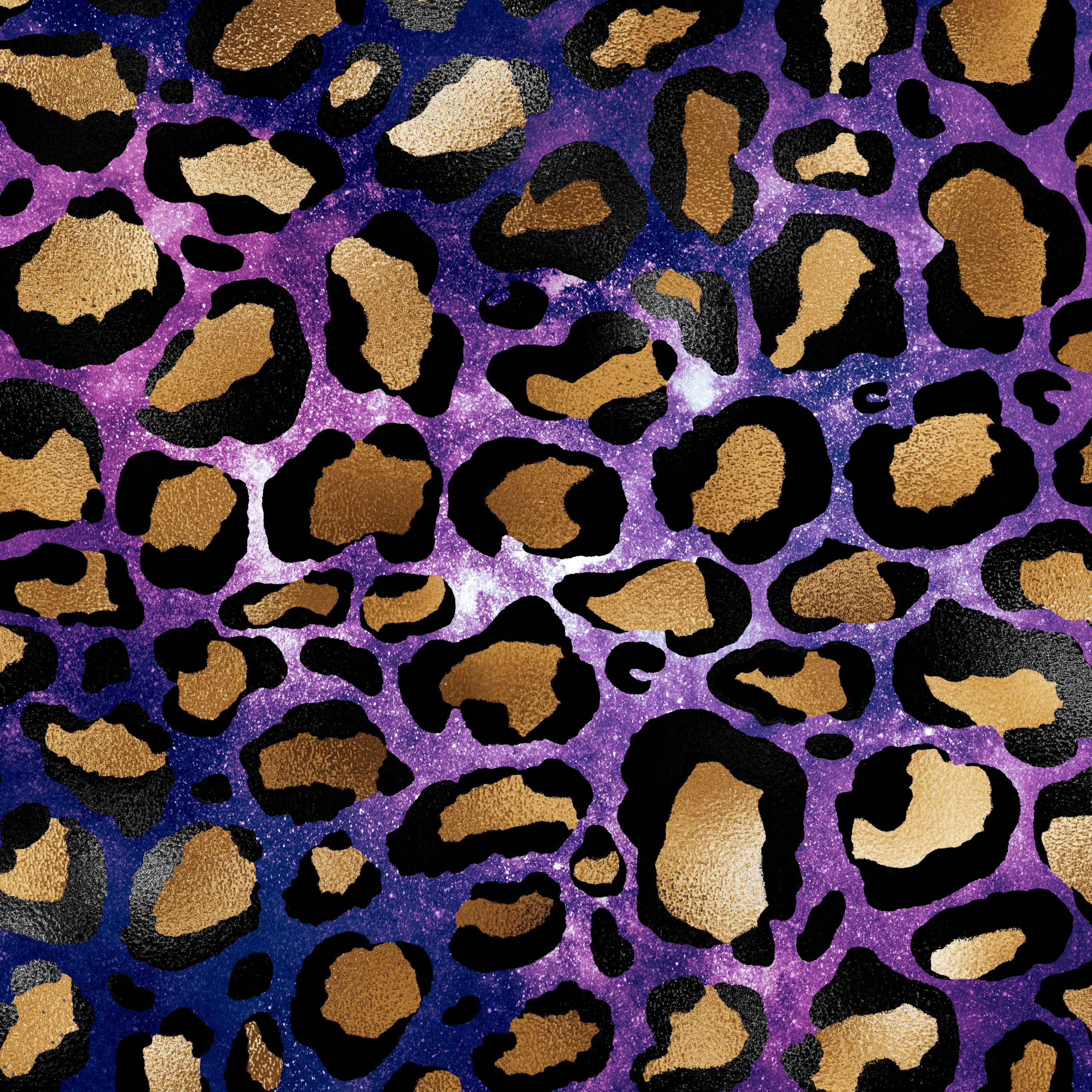 Leopard print pattern with gold, black, and purple colors on a textured background