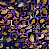 Leopard print pattern with gold, black, and purple colors on a textured background