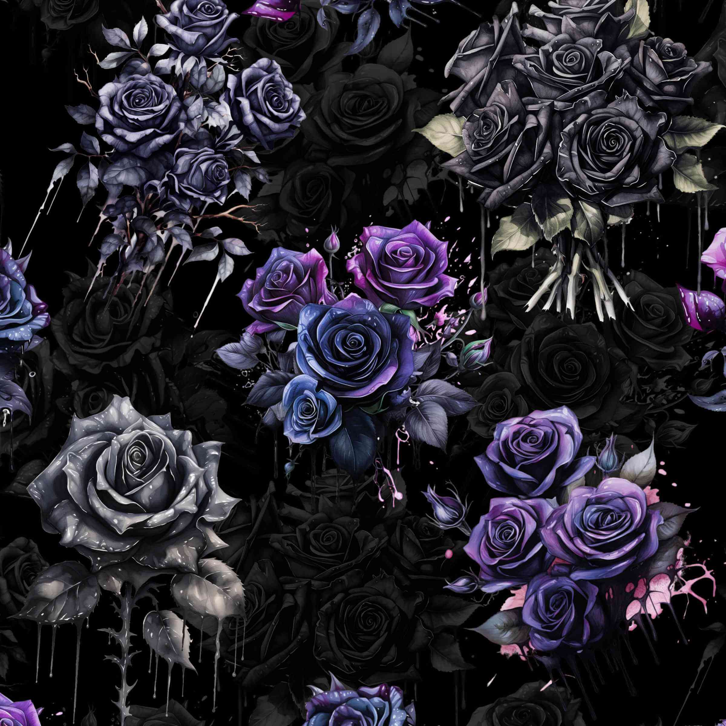 Dark floral pattern with purple and black roses on a black background