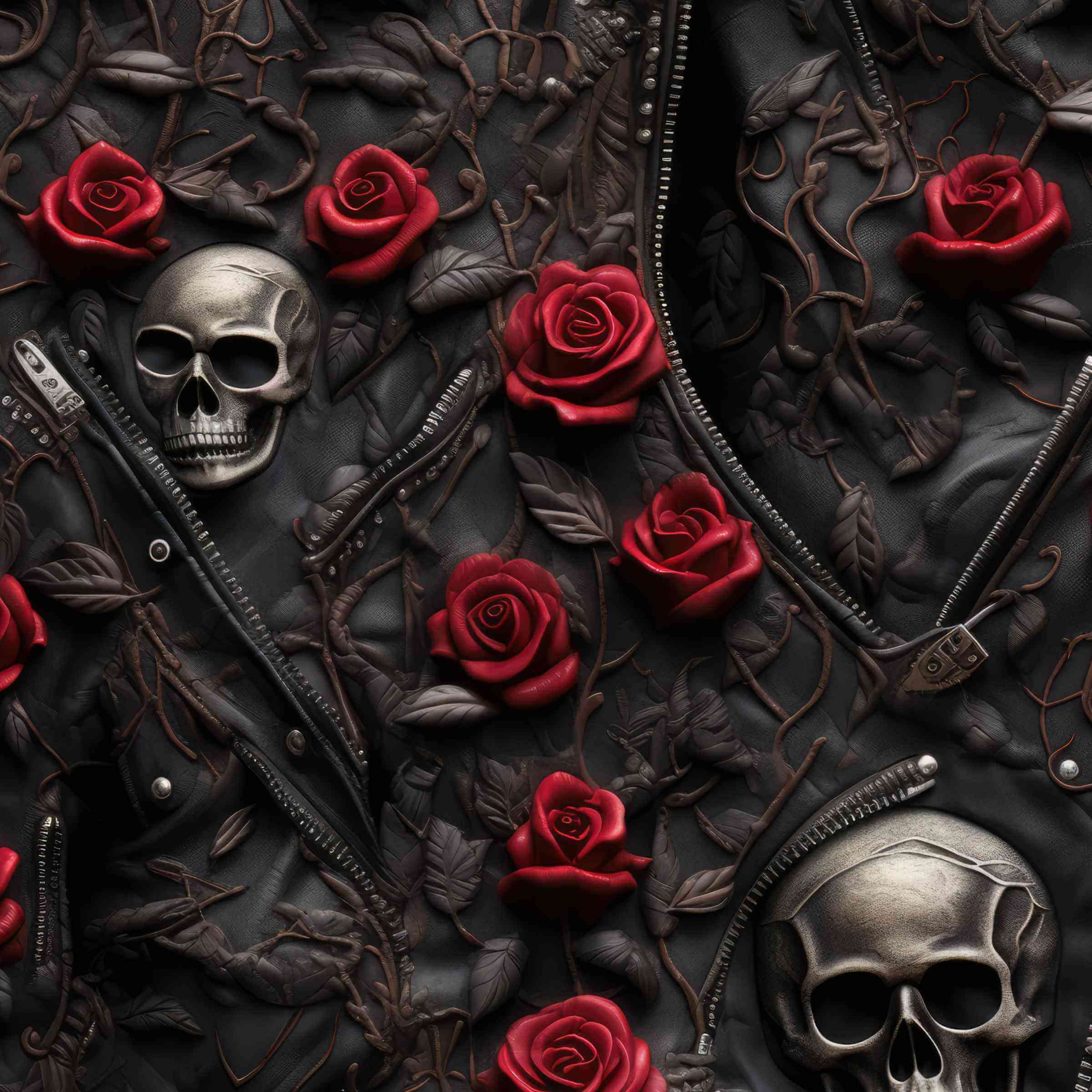 seamless pattern of Gothic leggings with black leather texture, red roses, silver skulls and zippers entwined with vines.