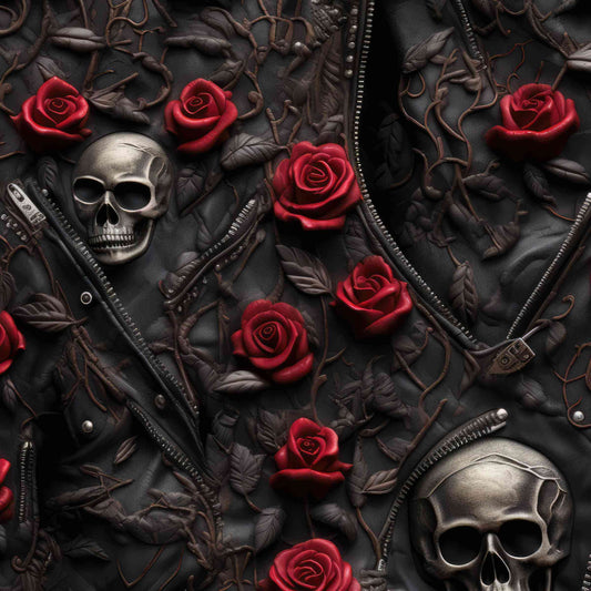 seamless pattern of Gothic leggings with black leather texture, red roses, silver skulls and zippers entwined with vines.