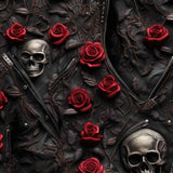 seamless pattern of Gothic leggings with black leather texture, red roses, silver skulls and zippers entwined with vines.