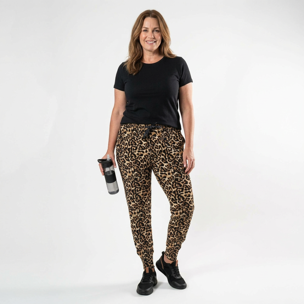 A woman modeling leopard-print jogger pants with a black t-shirt and black sneakers, holding a water bottle against a plain white studio background.