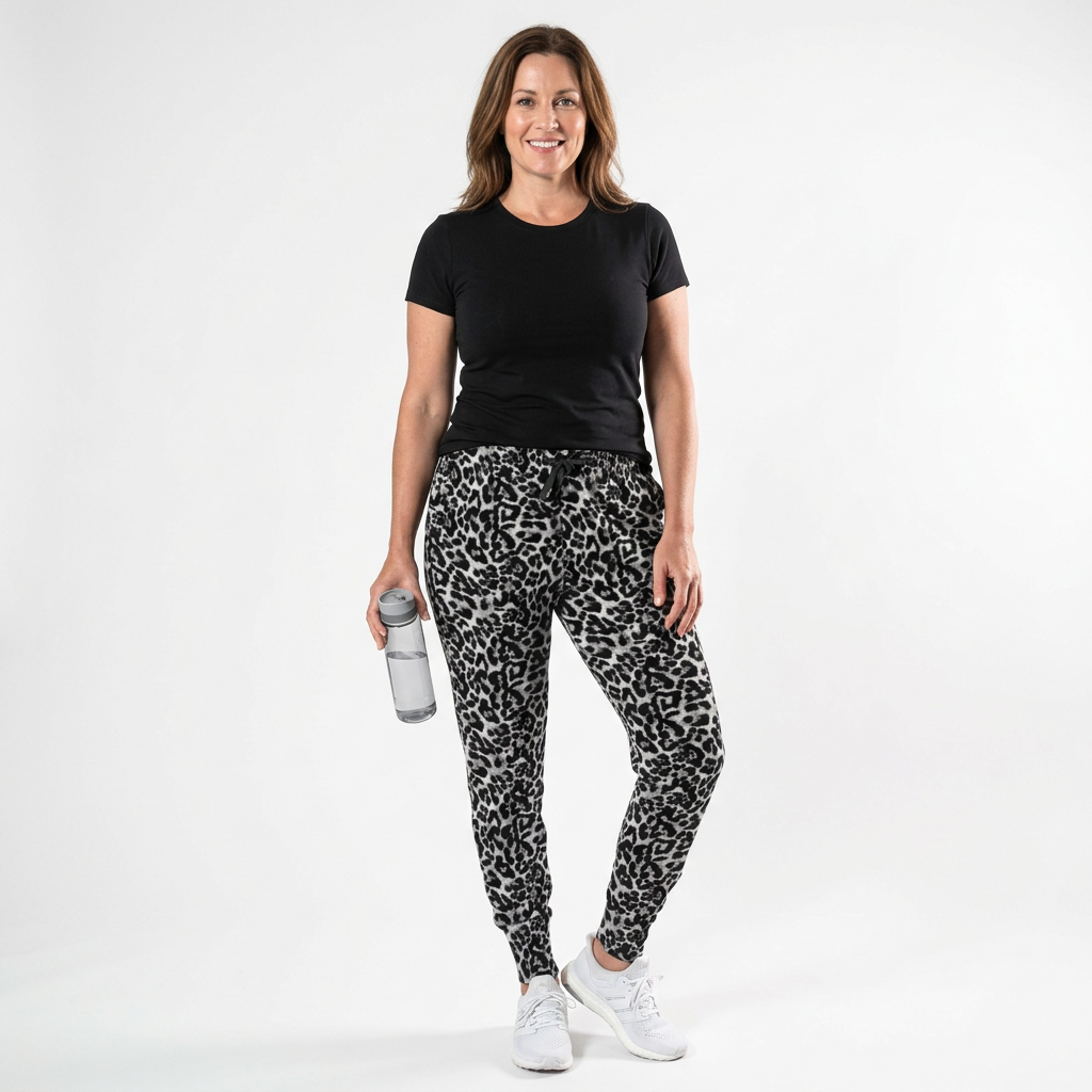 Woman wearing a black T-shirt and gray and black leopard-print jogger pants