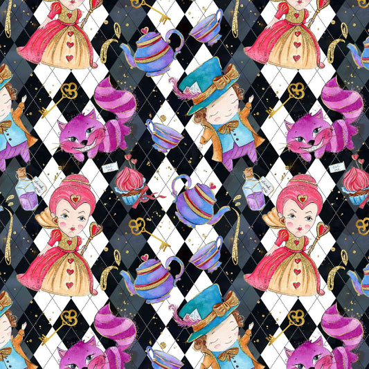 Patterned design with Alice in Wonderland characters and objects on a checkered background