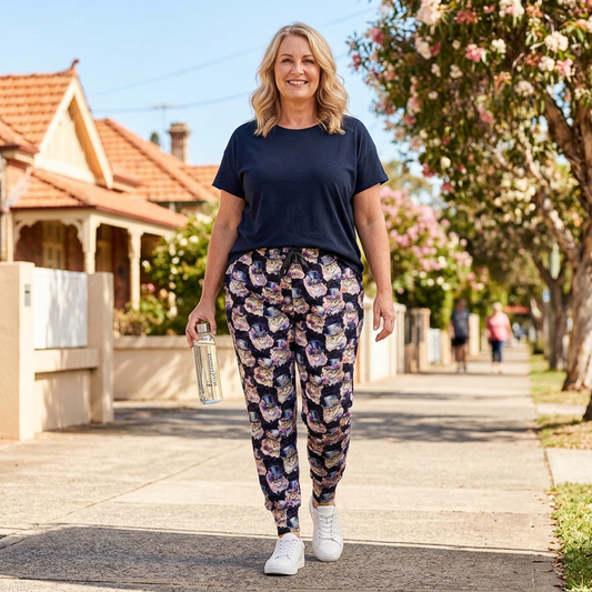 Print jogger pants walking down a street.
