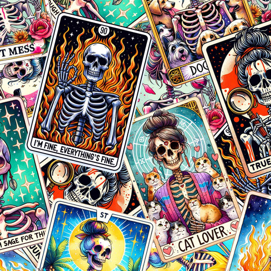 pattern of Tarot card skull leggings with stacks of books, handwritten notes and reading accessories on a grungy illustrated background.