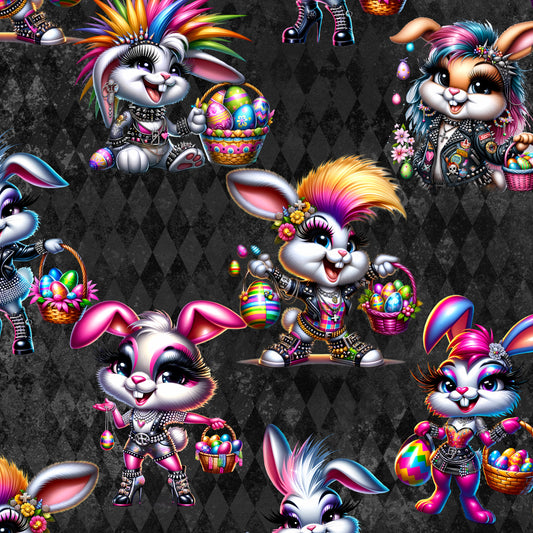 Rebel Rabbits Easter seamless pattern featuring gothic lady bunnies with rainbow hair, mohawks. Wearing studded leather jackets, and boots . Holding baskets of brightly coloured Easter eggs