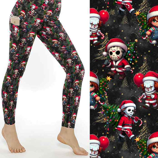 Black leggings with chibi-style horror characters Freddy, Jason, Michael, Pennywise and Chucky dressed as Santa with gold stars and glowing lights by Nikki Whoops Boutique.