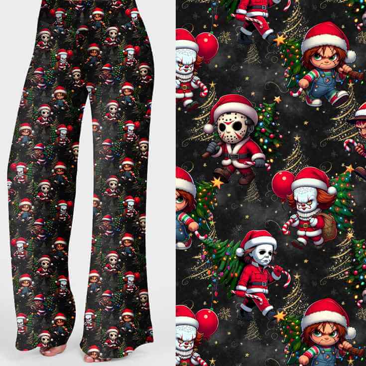 Wide leg lounge pants featuring chibi-style horror characters dressed as Santa Claus with candy canes, balloons, and Christmas trees on a black starry background by Nikki Whoops Boutique.