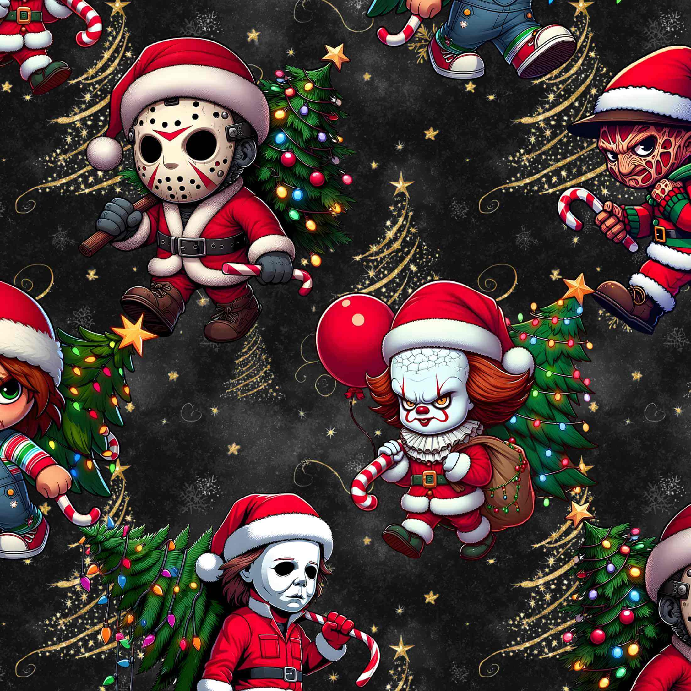 Illustrations of characters in Santa outfits with Christmas trees and decorations on a dark background.