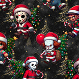 Illustrations of characters in Santa outfits with Christmas trees and decorations on a dark background.