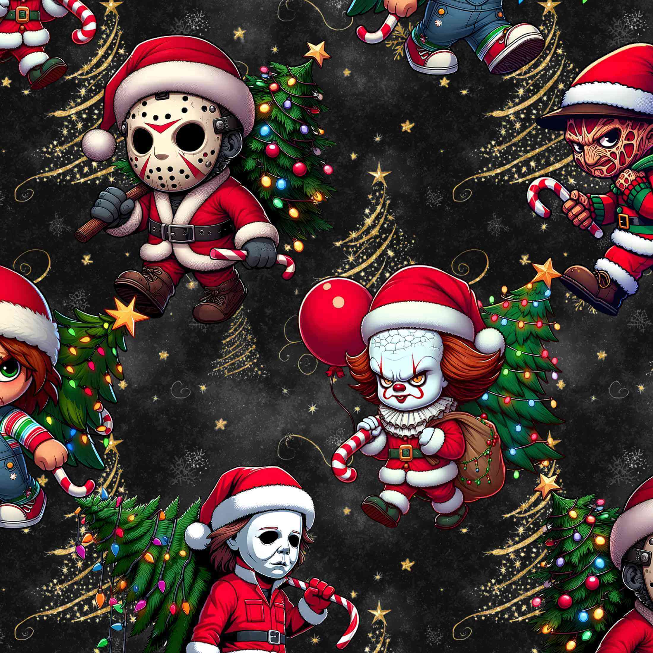 Illustrations of characters in Santa outfits with Christmas trees and decorations on a dark background.