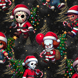Illustrations of characters in Santa outfits with Christmas trees and decorations on a dark background.