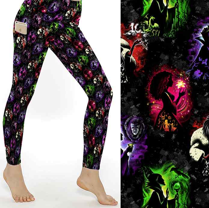 Sinister Shadows leggings mockup. Disney villain side silhouettes of Maleficent, Ursula, The Evil Queen, Cruella, Mother Gothel and Lady Tremaine. On a distressed black background with flashes of purple, red, pink and green