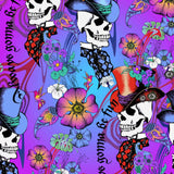 Colorful pattern with skulls, flowers, and hats on a purple background