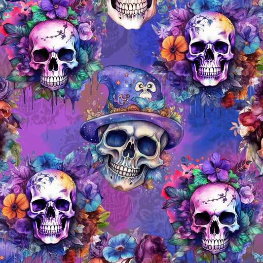 Colourful skulls with flowers and wizard hats on a purple and blue gradient background; watercolor style.